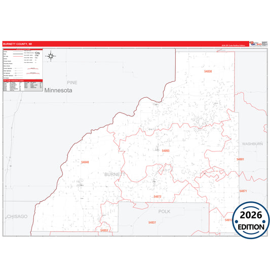 Burnett County, WI Red Line 5 Digit ZIP Code Wall Map