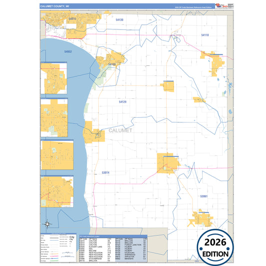 Calumet County, WI Business Reference 5 Digit ZIP Code Wall Map
