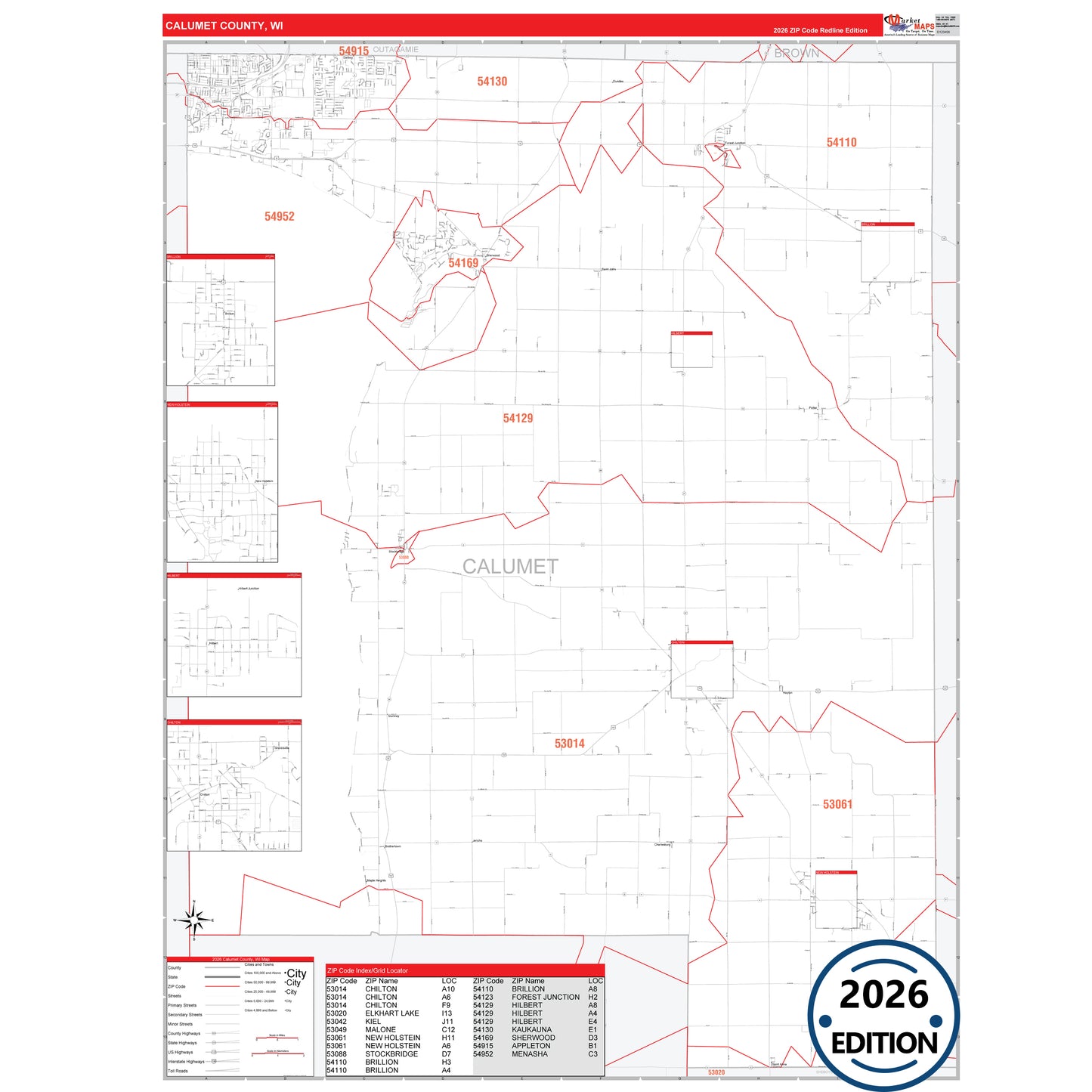 Calumet County, WI Red Line 5 Digit ZIP Code Wall Map