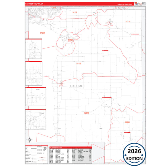 Calumet County, WI Red Line 5 Digit ZIP Code Wall Map