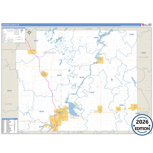 Chippewa County, WI Business Reference 5 Digit ZIP Code Wall Map