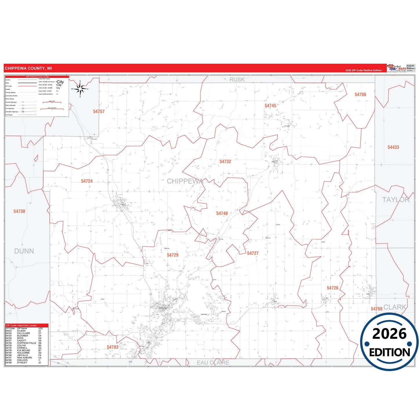 Chippewa County, WI Red Line 5 Digit ZIP Code Wall Map