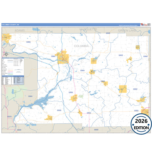 Columbia County, WI Business Reference 5 Digit ZIP Code Wall Map