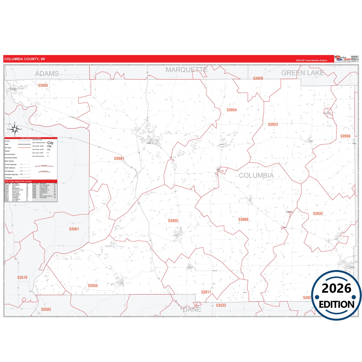 Columbia County, WI Red Line 5 Digit ZIP Code Wall Map