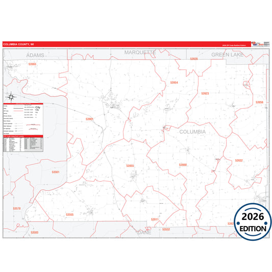 Columbia County, WI Red Line 5 Digit ZIP Code Wall Map