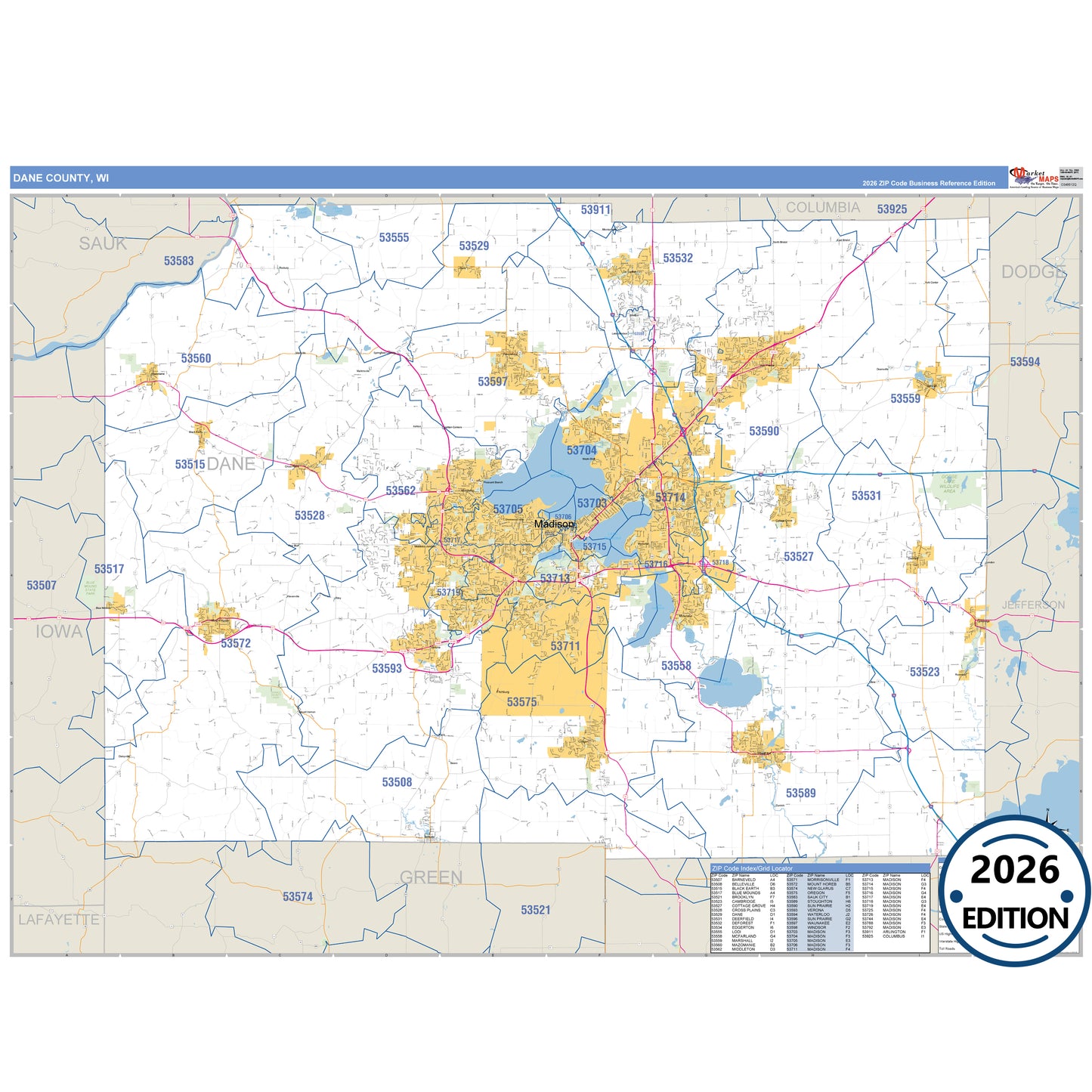Dane County, WI Business Reference 5 Digit ZIP Code Wall Map