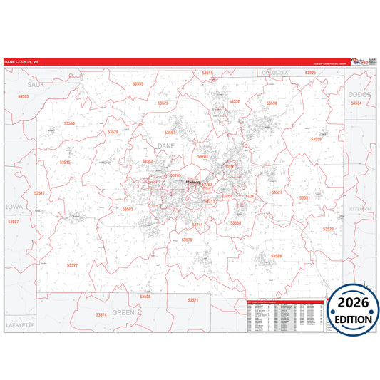 Dane County, WI Red Line 5 Digit ZIP Code Wall Map