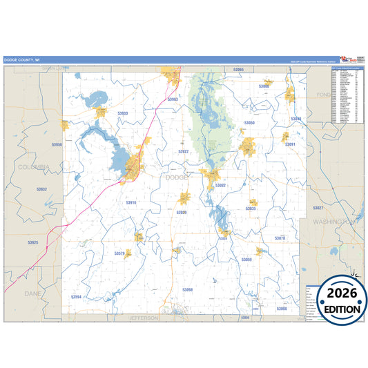 Dodge County, WI Business Reference 5 Digit ZIP Code Wall Map