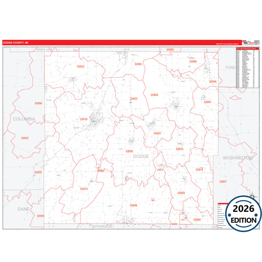 Dodge County, WI Red Line 5 Digit ZIP Code Wall Map