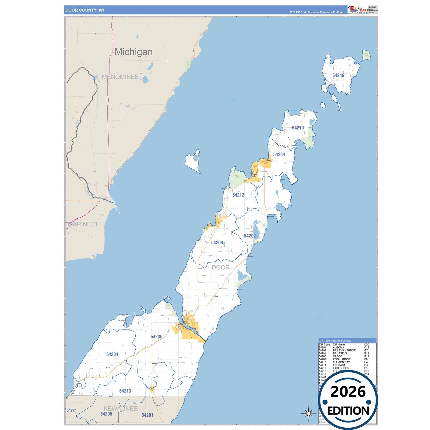 Door County, WI Business Reference 5 Digit ZIP Code Wall Map