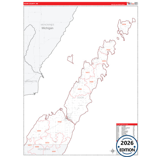 Door County, WI Red Line 5 Digit ZIP Code Wall Map