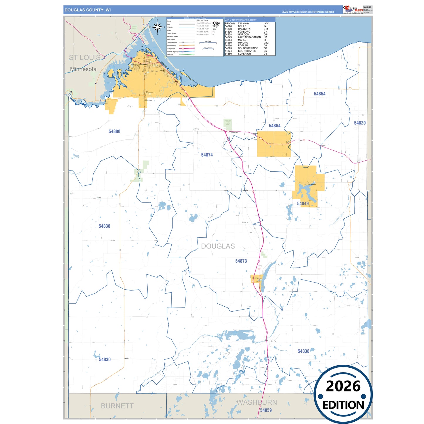 Douglas County, WI Business Reference 5 Digit ZIP Code Wall Map
