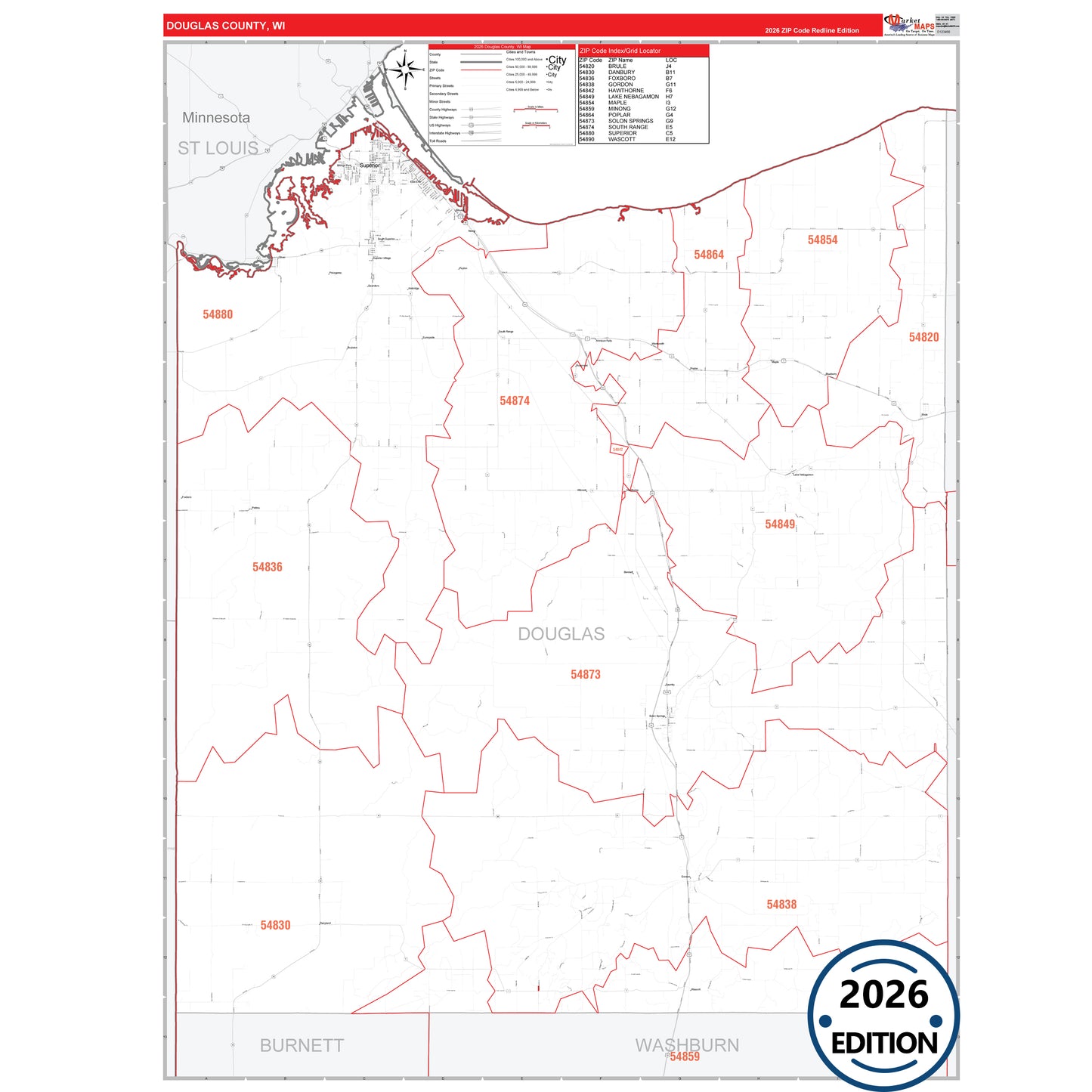 Douglas County, WI Red Line 5 Digit ZIP Code Wall Map