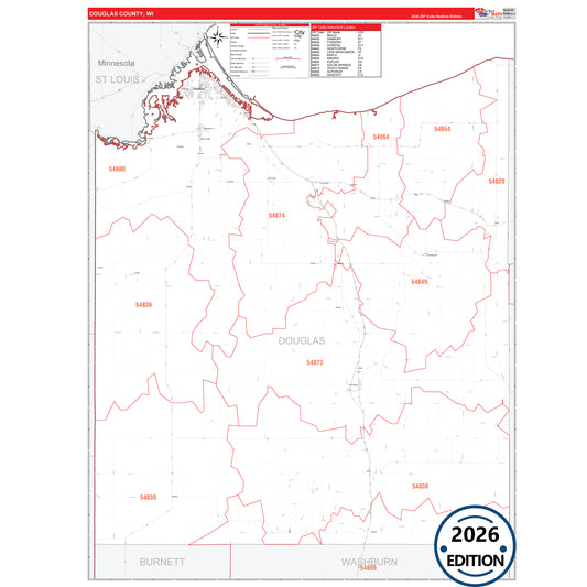 Douglas County, WI Red Line 5 Digit ZIP Code Wall Map