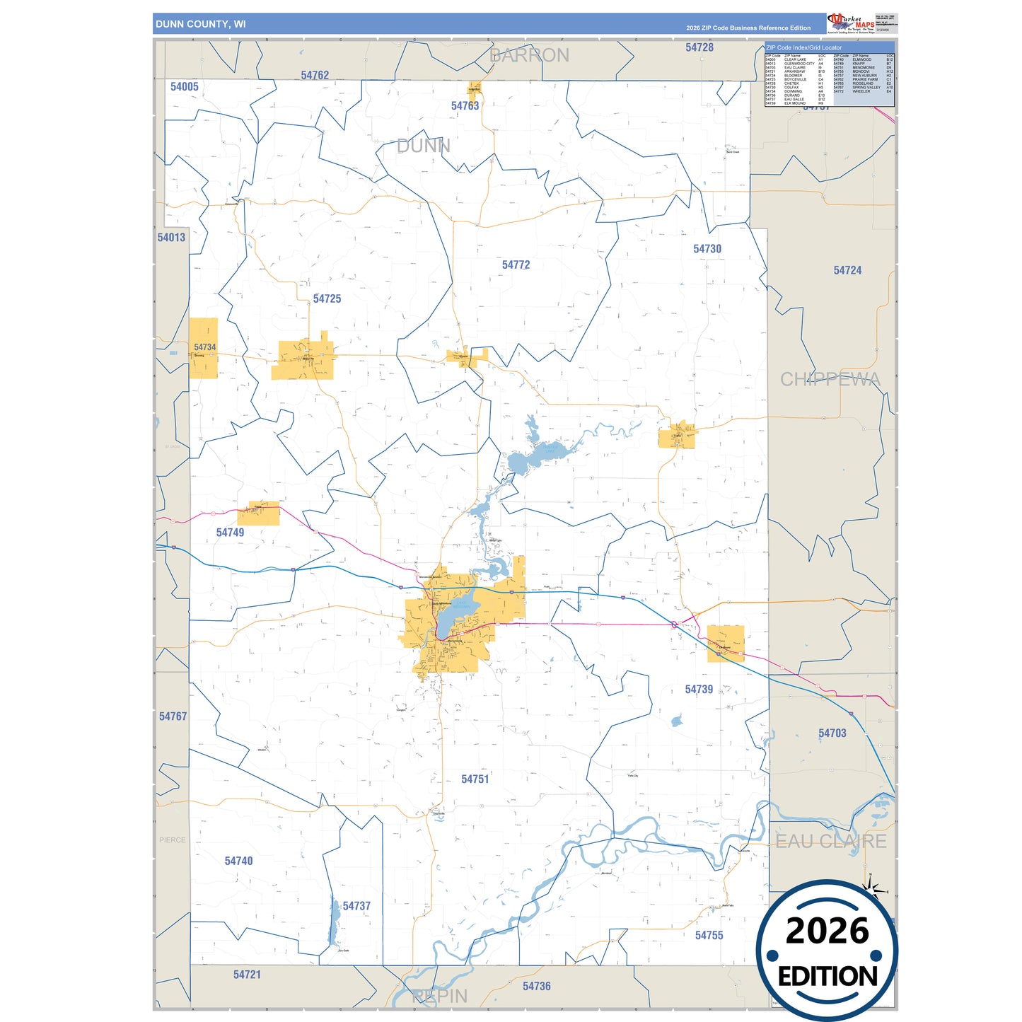 Dunn County, WI Business Reference 5 Digit ZIP Code Wall Map
