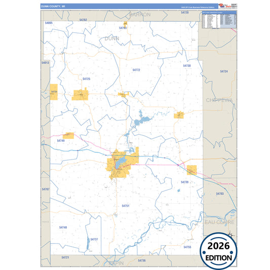 Dunn County, WI Business Reference 5 Digit ZIP Code Wall Map