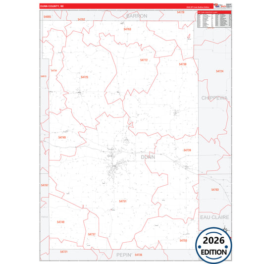 Dunn County, WI Red Line 5 Digit ZIP Code Wall Map