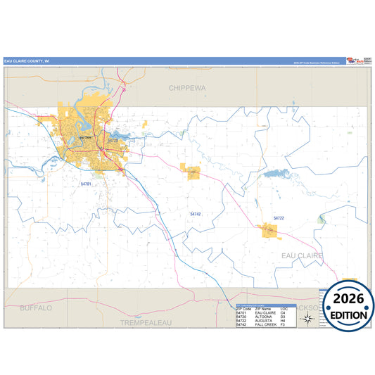 Eau Claire County, WI Business Reference 5 Digit ZIP Code Wall Map