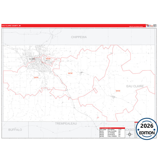 Eau Claire County, WI Red Line 5 Digit ZIP Code Wall Map