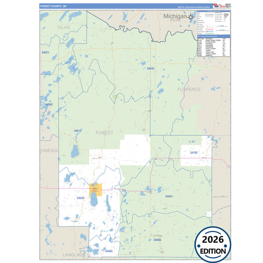 Forest County, WI Business Reference 5 Digit ZIP Code Wall Map