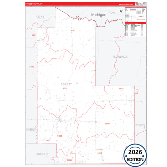 Forest County, WI Red Line 5 Digit ZIP Code Wall Map