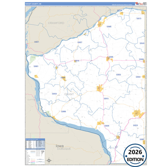 Grant County, WI Business Reference 5 Digit ZIP Code Wall Map