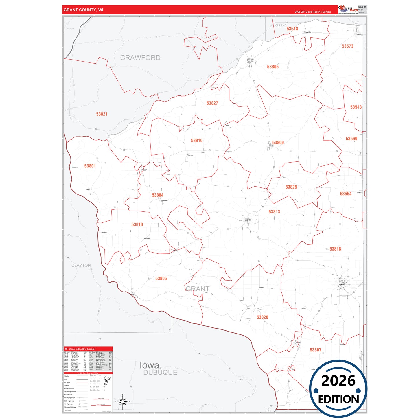 Grant County, WI Red Line 5 Digit ZIP Code Wall Map