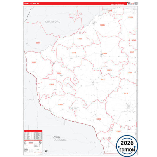 Grant County, WI Red Line 5 Digit ZIP Code Wall Map