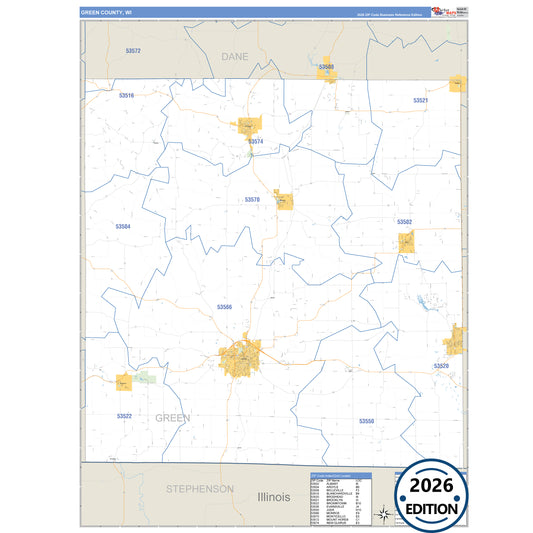 Green County, WI Business Reference 5 Digit ZIP Code Wall Map