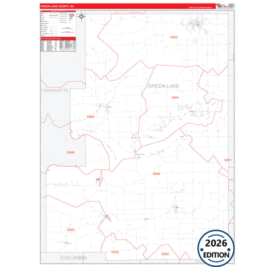 Green Lake County, WI Red Line 5 Digit ZIP Code Wall Map