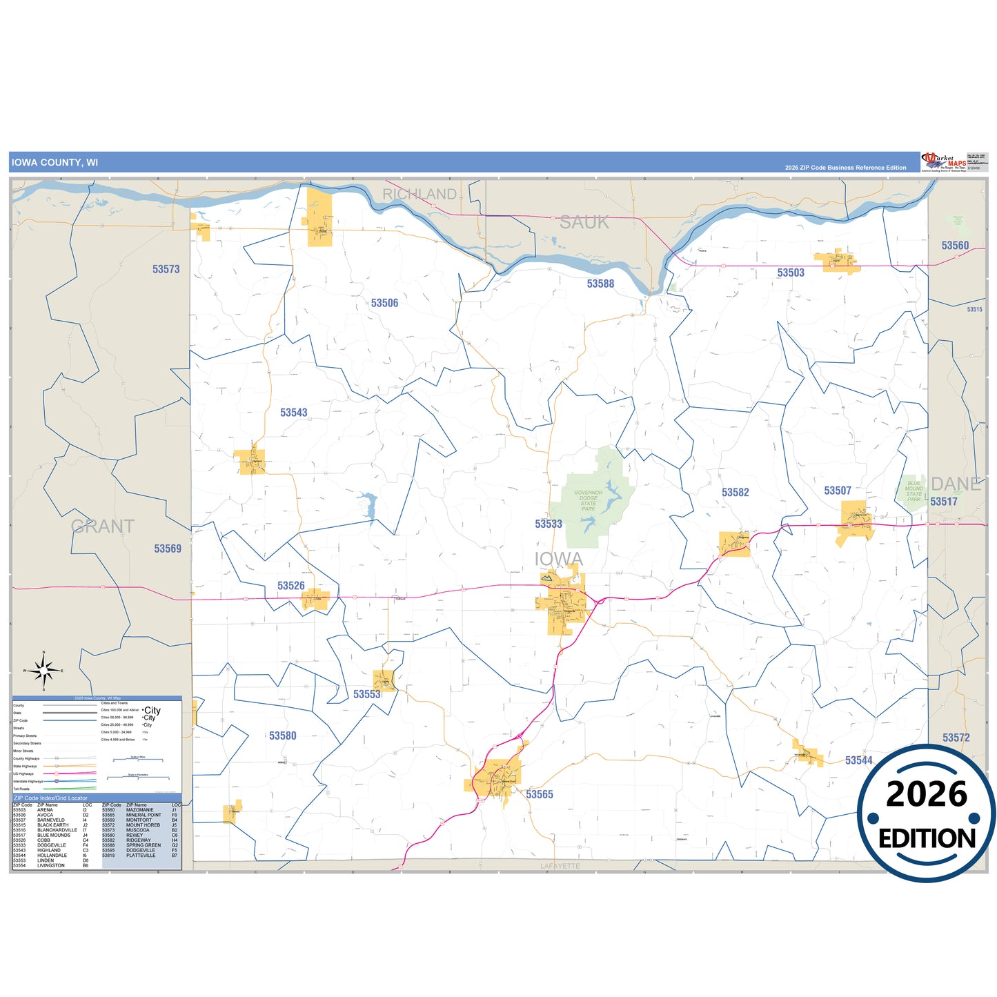 Iowa County, WI Business Reference 5 Digit ZIP Code Wall Map