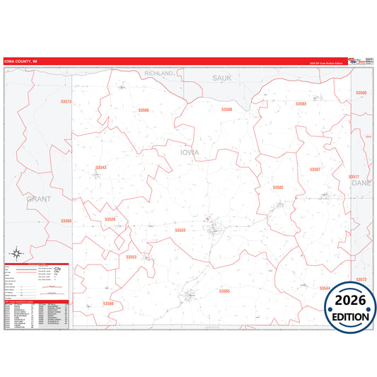 Iowa County, WI Red Line 5 Digit ZIP Code Wall Map