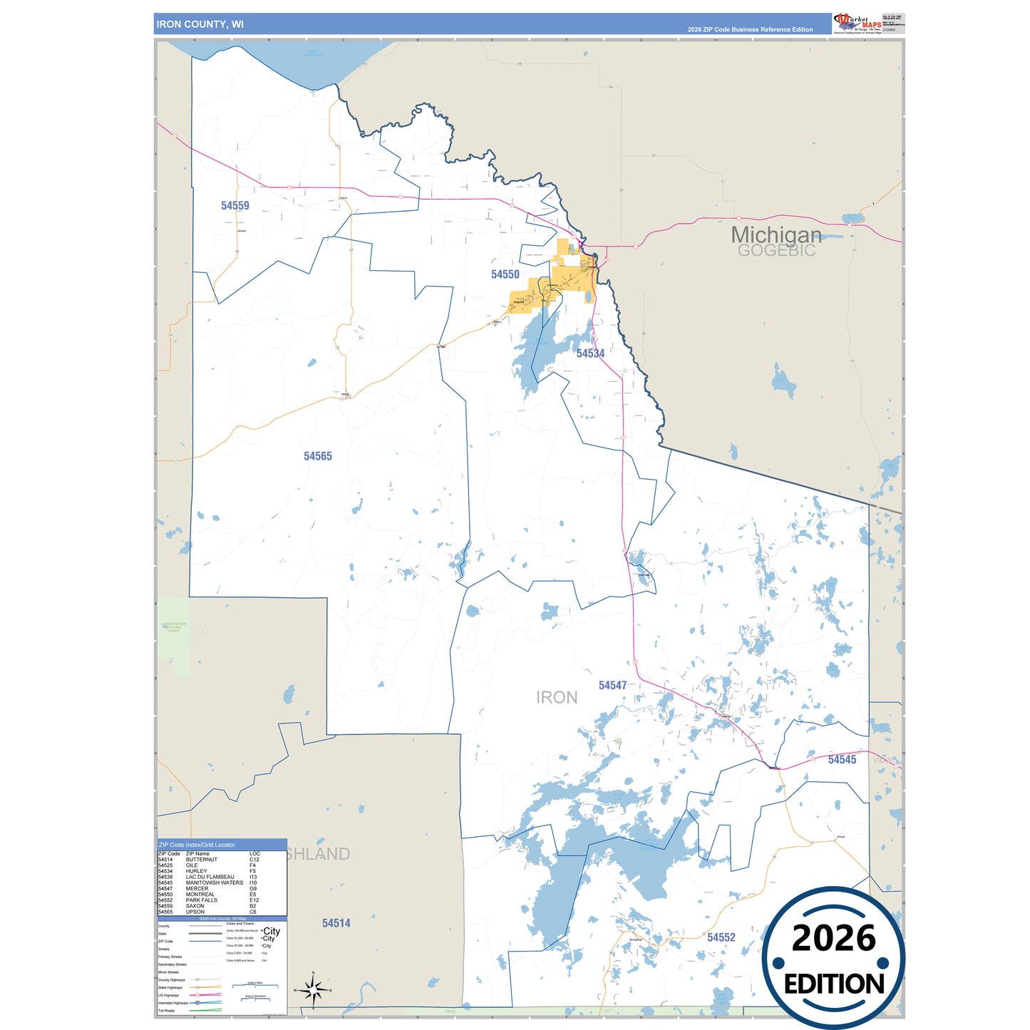 Iron County, WI Business Reference 5 Digit ZIP Code Wall Map