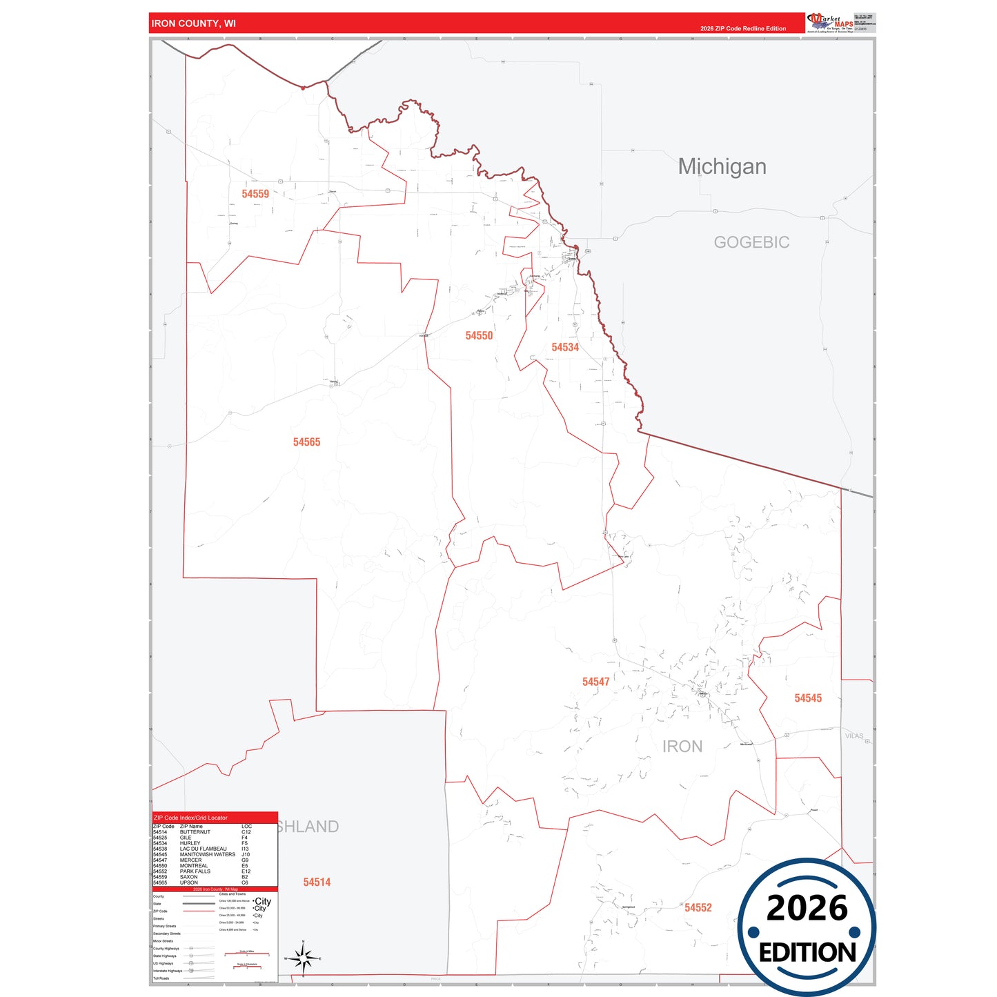 Iron County, WI Red Line 5 Digit ZIP Code Wall Map
