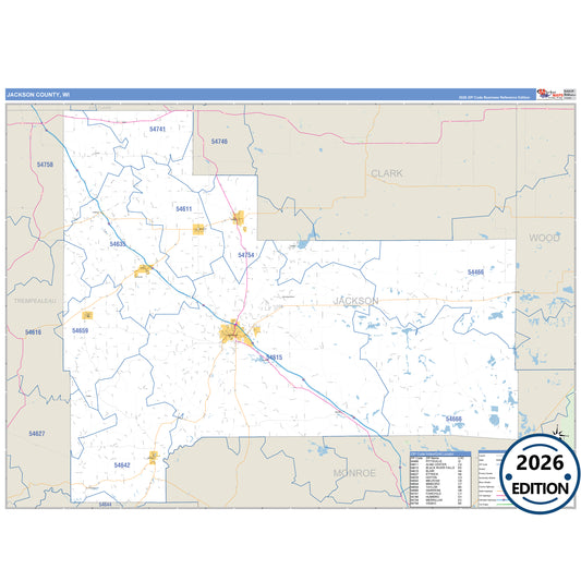 Jackson County, WI Business Reference 5 Digit ZIP Code Wall Map