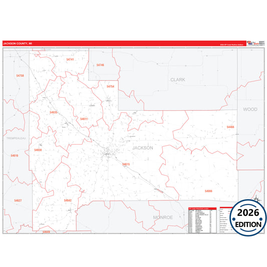Jackson County, WI Red Line 5 Digit ZIP Code Wall Map