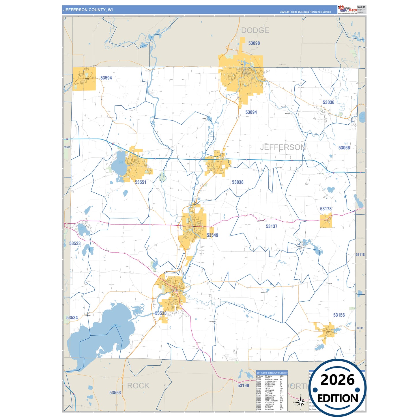 Jefferson County, WI Business Reference 5 Digit ZIP Code Wall Map