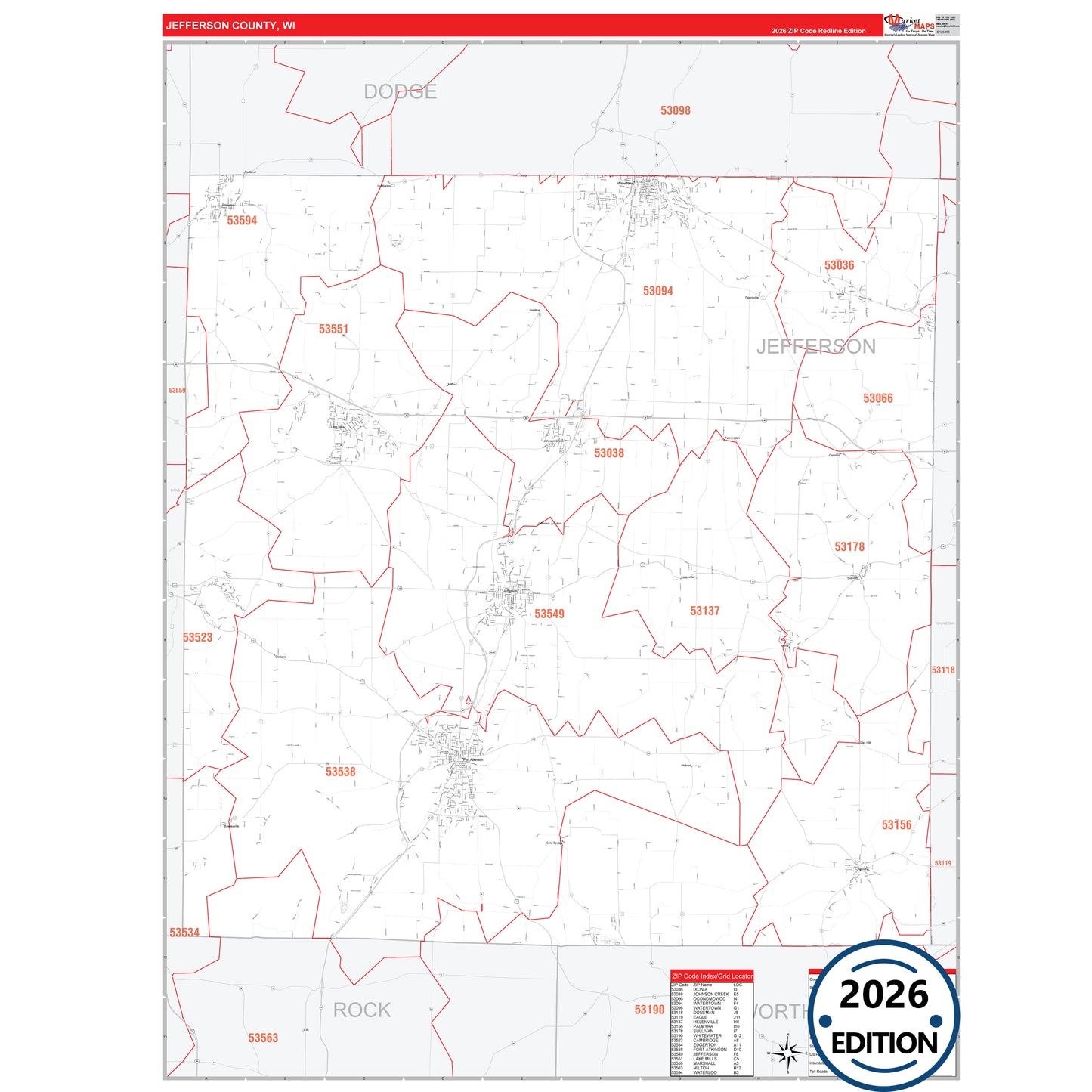 Jefferson County, WI Red Line 5 Digit ZIP Code Wall Map