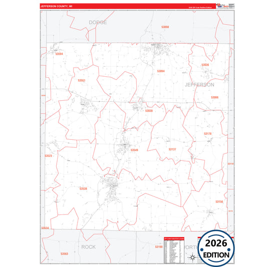 Jefferson County, WI Red Line 5 Digit ZIP Code Wall Map