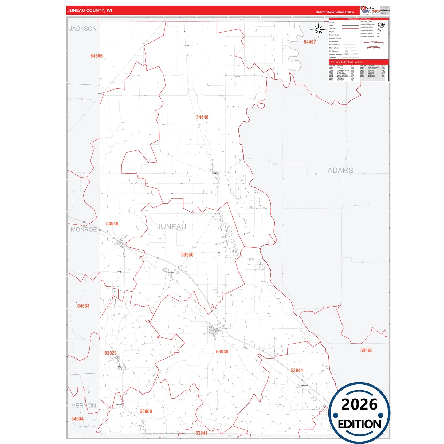 Juneau County, WI Red Line 5 Digit ZIP Code Wall Map