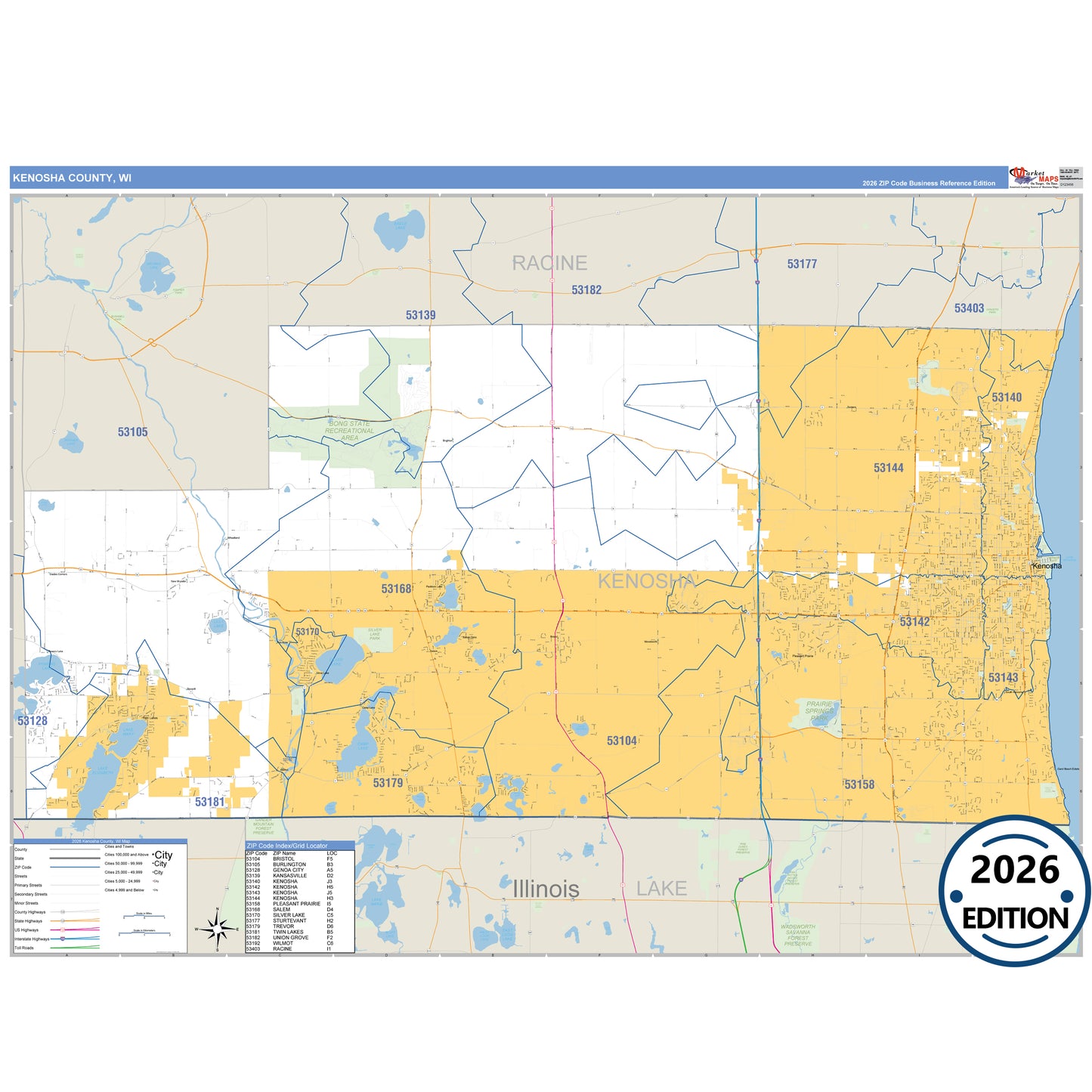 Kenosha County, WI Business Reference 5 Digit ZIP Code Wall Map