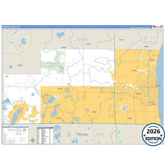 Kenosha County, WI Business Reference 5 Digit ZIP Code Wall Map