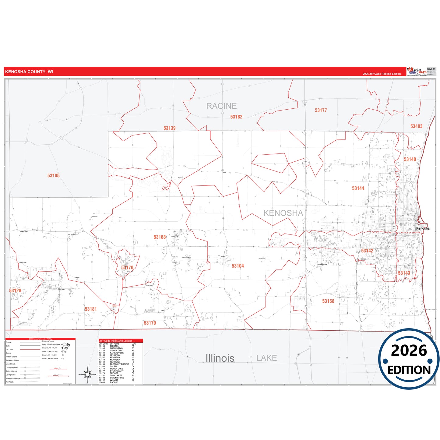 Kenosha County, WI Red Line 5 Digit ZIP Code Wall Map