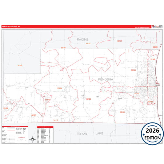 Kenosha County, WI Red Line 5 Digit ZIP Code Wall Map