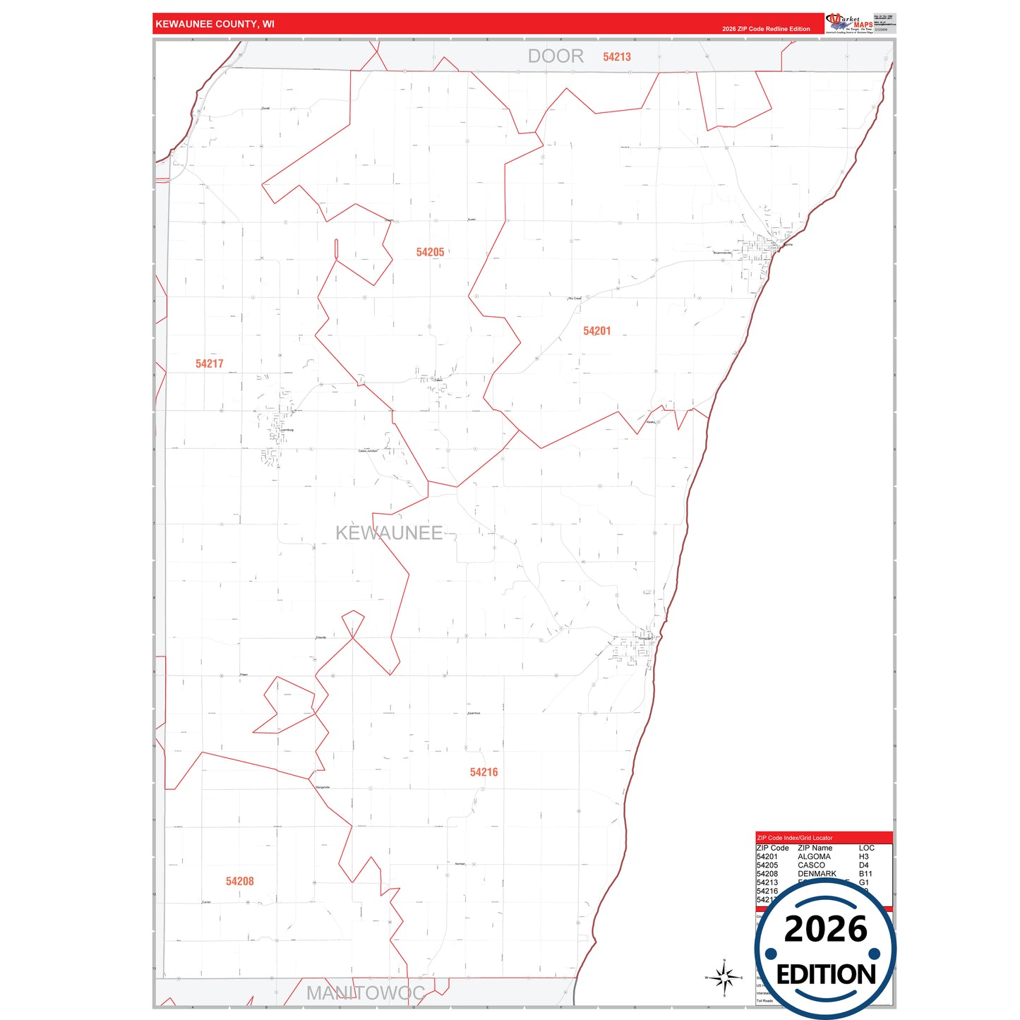 Kewaunee County, WI Red Line 5 Digit ZIP Code Wall Map