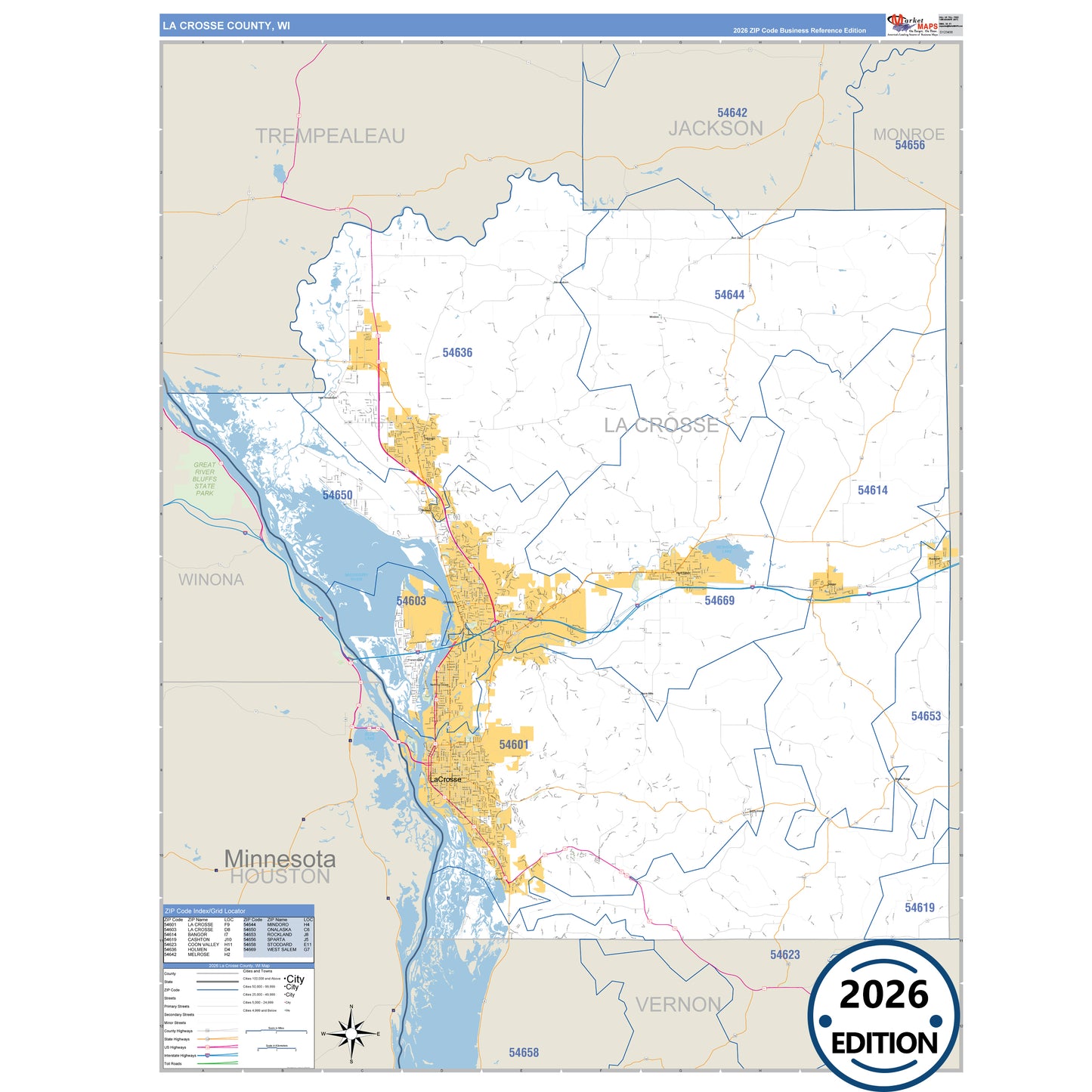 La Crosse County, WI Business Reference 5 Digit ZIP Code Wall Map