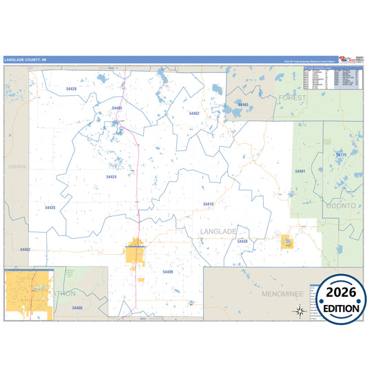 Langlade County, WI Business Reference 5 Digit ZIP Code Wall Map