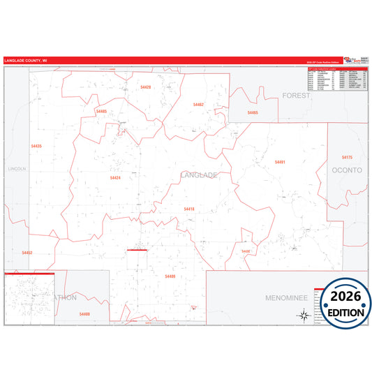 Langlade County, WI Red Line 5 Digit ZIP Code Wall Map