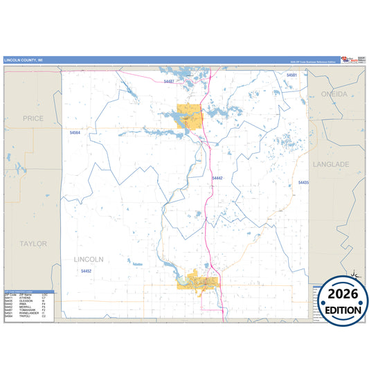 Lincoln County, WI Business Reference 5 Digit ZIP Code Wall Map