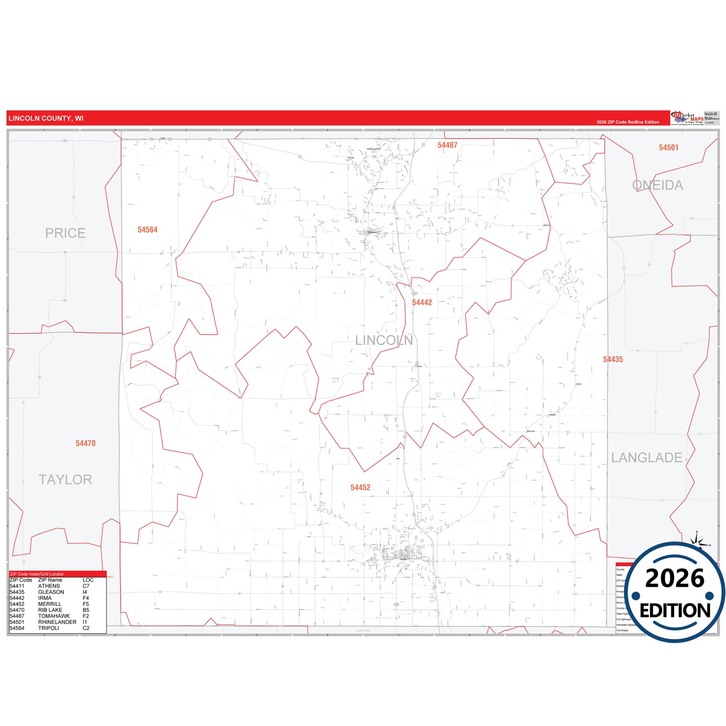 Lincoln County, WI Red Line 5 Digit ZIP Code Wall Map